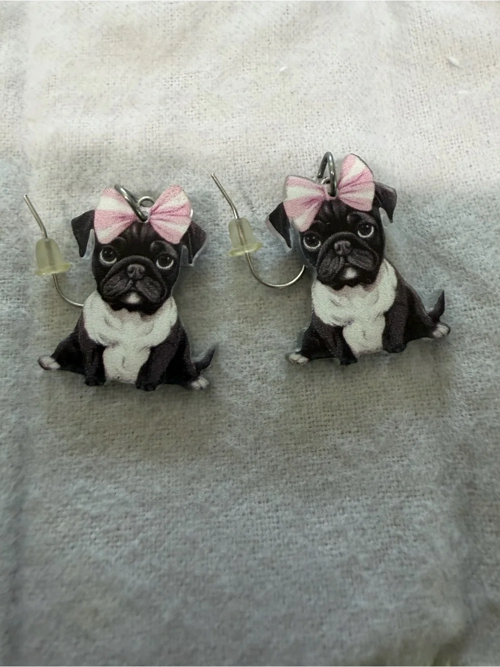 Cute Black & White Pug yEarrings with Pink Bow - Pet Lover Accessory